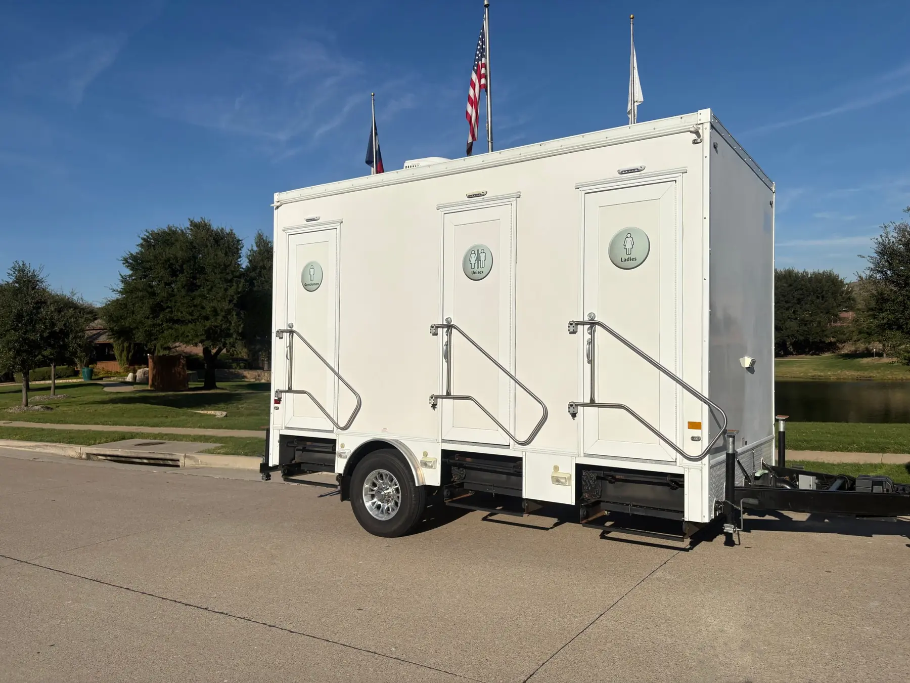Mr. Potts Signature 3 luxury restroom trailer with Gentlemen, Unisex and Ladies rooms
